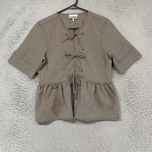 Ganni Tops - Ganni Seersucker Tie Top Womens 38 Striped Peplum Bow Ruffle Short Sleeve Beige